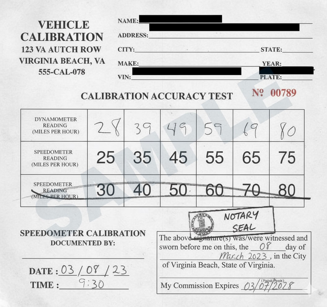 Speedometer Calibration Report sample